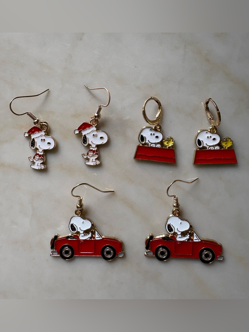 Christmas Snoopy Red & White Enamel Charm Earring Set - 3 Pairs
